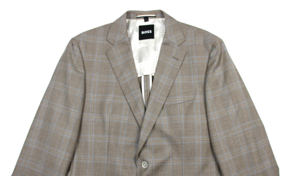 Hugo Boss H-Hutson-233 Blazer Mens 4 R Sand Blue Plaid Wool Slim Fit Sport Coat - Picture 2 of 11